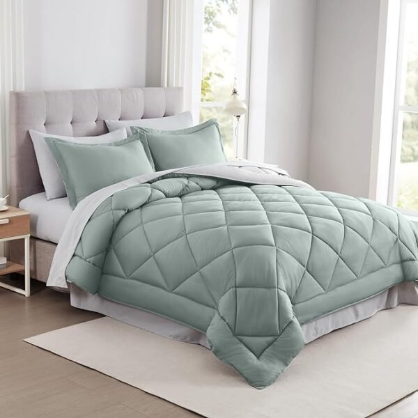 Dusty Sage Queen Reversible Comforter Set with Sheets
