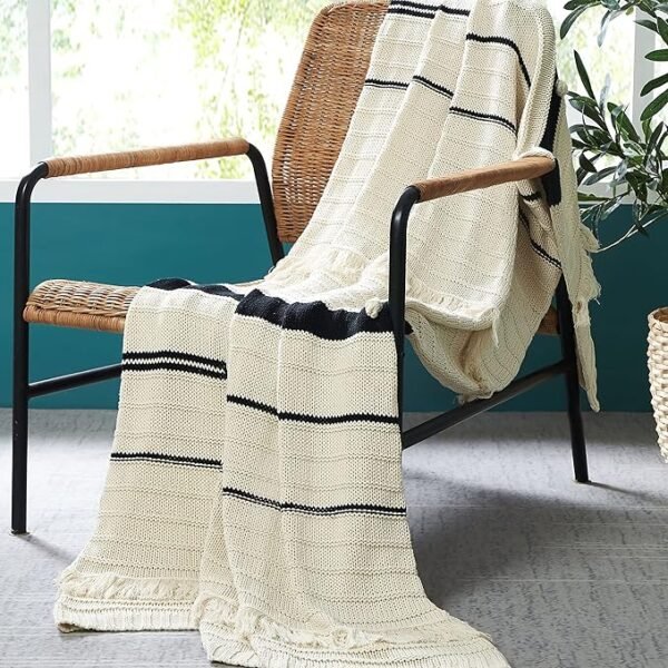 91IYnyTQXL._AC_SX679_.jpg Modern Threads 100% Cotton Knit Throw Blanket - Tarek Ivory/Black 50x70